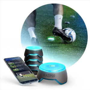 BlazePod reaction training device with soccer player hitting the light pod