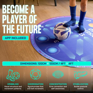 Sensemat 360 Soccer Training Mat with app, dimensions, and skill benefits