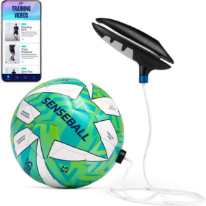 Soccer training ball with handle and iPhone showing training app videos