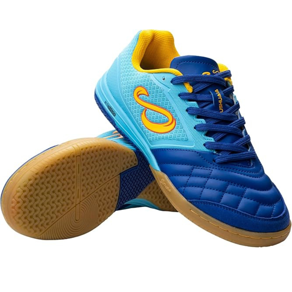SENDA Ushuaia Club 2.0 indoor futsal shoes in light blue and yellow with non-marking gum sole, designed for youth indoor soccer performance.